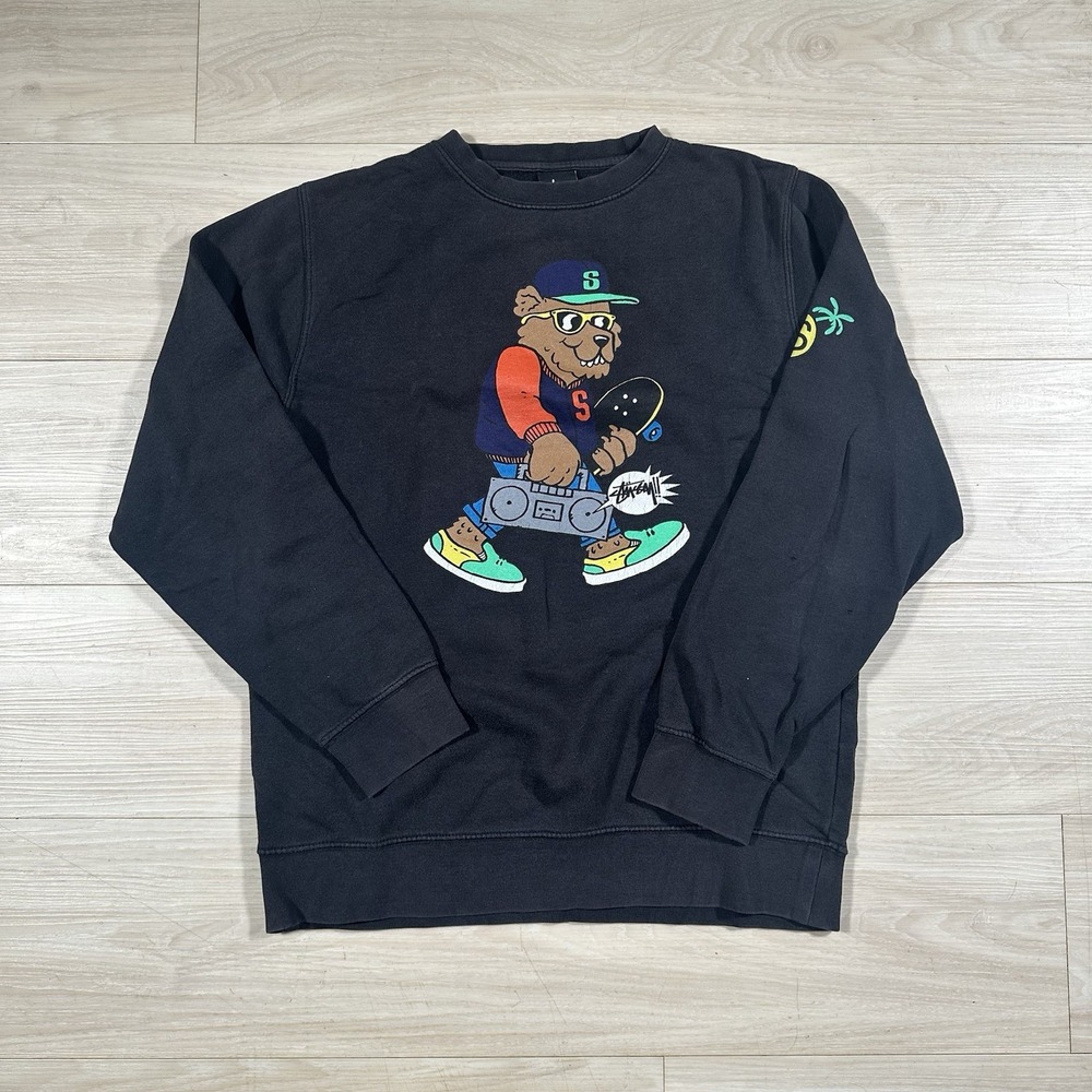 Vintage Stussy Bear Crewneck Sweatshirt Mens Medium Black Fleece Logo Streetwear
